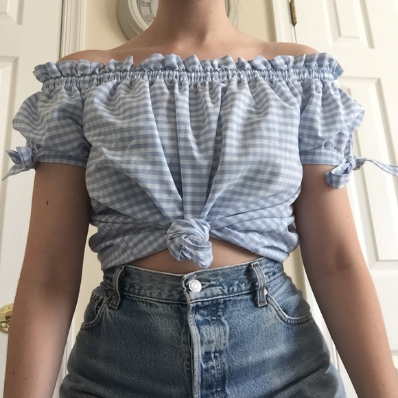 H&M Tops - blue gingham off-the-shoulder top